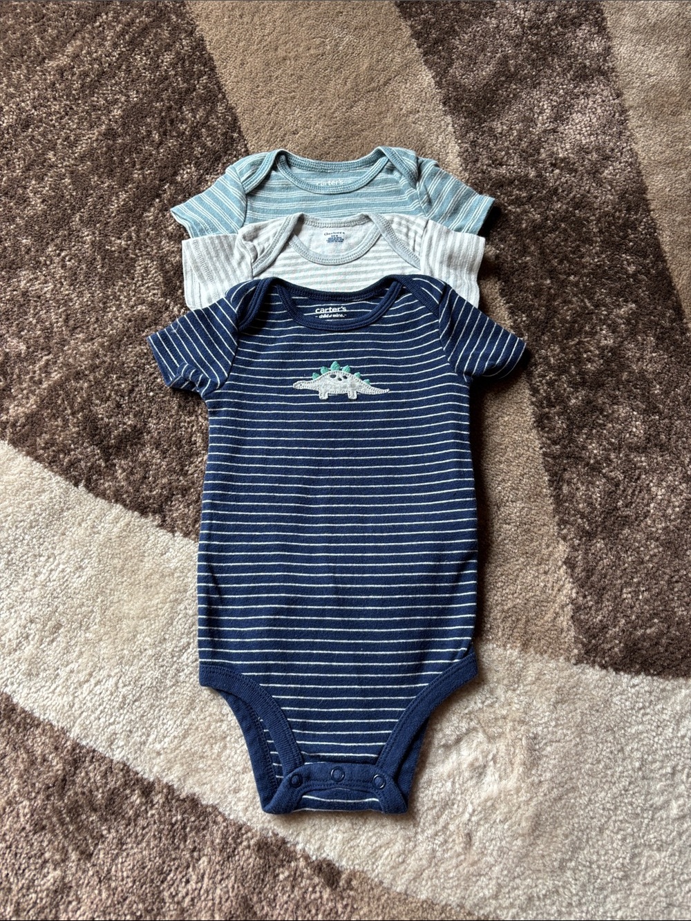 3-Carter's Navy, Light Blue & Gray Striped Dino Short-Sleeve Onesies